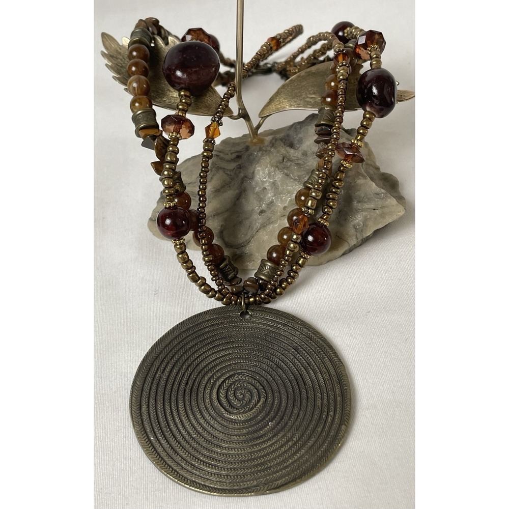 Brass Medallion Pendant Multi Strand Necklace 18" Brown Beige Glass Beads